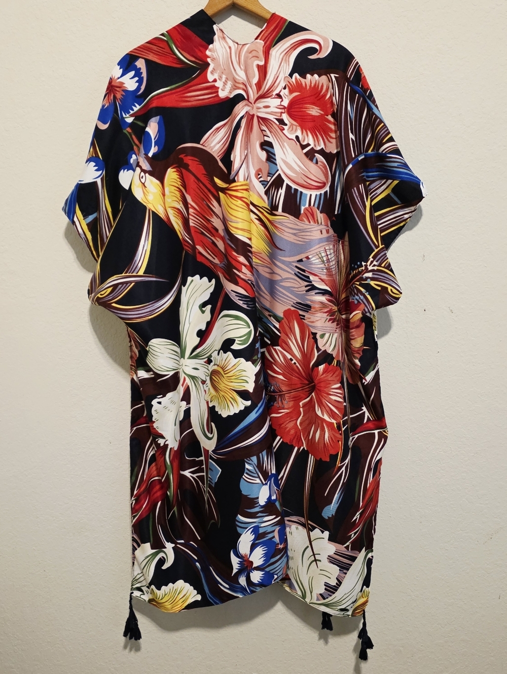 Max Studio Tropical Caftan Kimono Cover Up Floral Birds Resortwear Beach - Picture 3 of 16